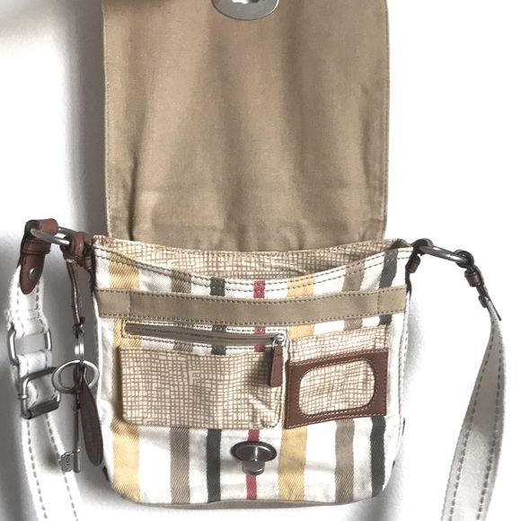 FOSSIL Vintage Retro Style Messenger Crossbody Canvas & Leather Bag w/Key Logo - Picture 6 of 14